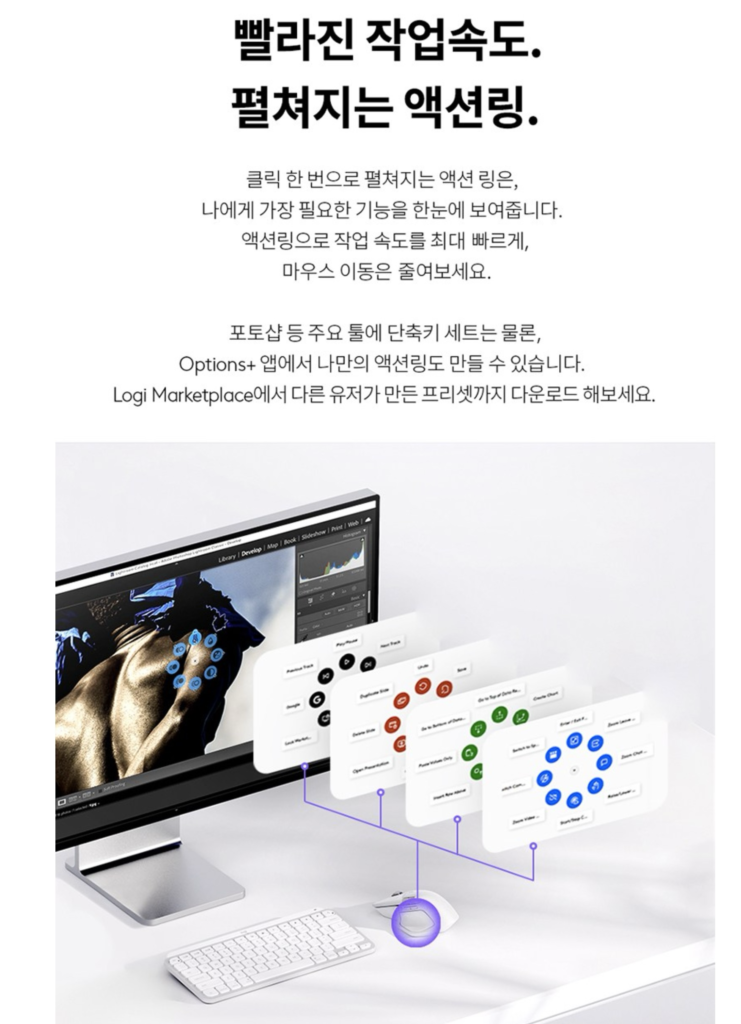 MX Master 4의 액션 링 기능이 설명된 이미지. 컴퓨터 모니터, 키보드, 마우스, 그리고 액션 링이 함께 배치된 모습과 액션 링 인터페이스의 예시가 나와 있습니다.